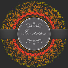 Wedding invitation and announcement card with ornamental round lace with arabesque elements. Mehndi style. Orient traditional ornament. Zentangle-like round colored floral ornament.
