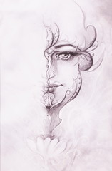 Mystic woman with ornament on face. pencil drawing on old paper. Color effect.