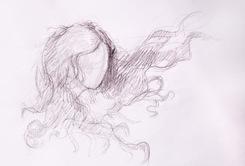 sketch of woman and fluttering hair. pencil drawing on old paper.