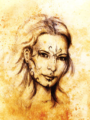 Fototapeta na wymiar Mystic woman with ornament on face. pencil drawing on old paper.