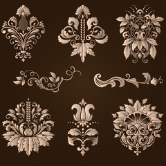 Fototapeta na wymiar Vector set of damask ornamental elements. Elegant floral abstract elements for design. Perfect for invitations, cards etc.