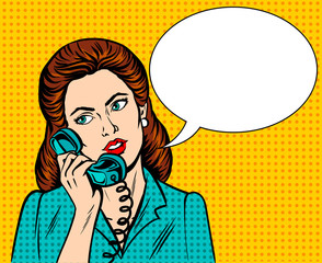 Woman with phone pop art style vector