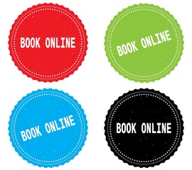 BOOK ONLINE text, on round wavy border stamp badge.