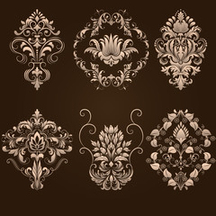Vector set of damask ornamental elements. Elegant floral abstract elements for design. Perfect for invitations, cards etc.
