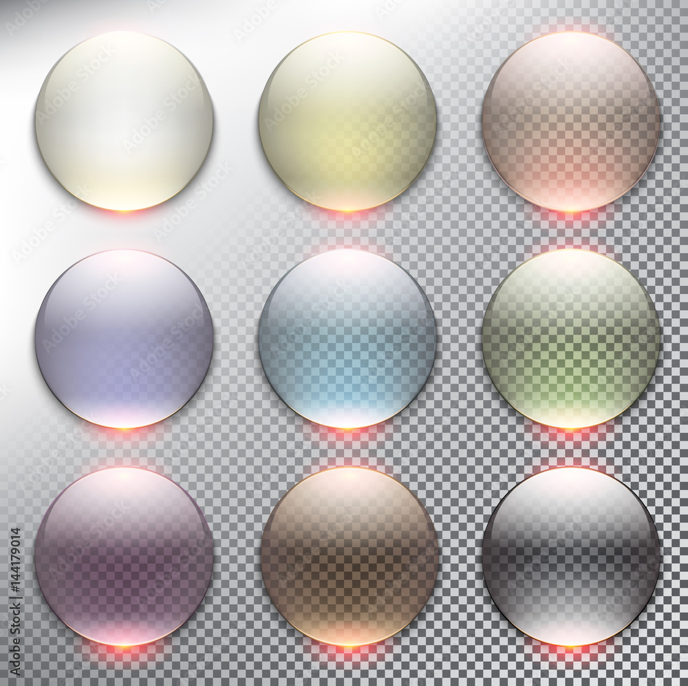 Wall mural abstract vector web buttons set of 9. isolated with realistic, transparent glass shine and shadow on