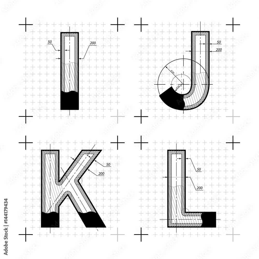 Fototapete architectural sketches of i j k l letters. blueprint style font.