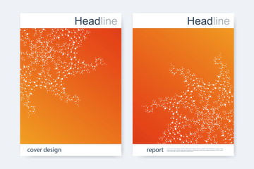 Naklejka premium Scientific brochure design template. Vector flyer layout, Molecular structure with connected lines and dots. Scientific pattern atom DNA with elements for magazine, leaflet, cover, poster design.