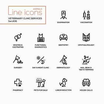 Veterinary clinic services - modern vector single line icons set