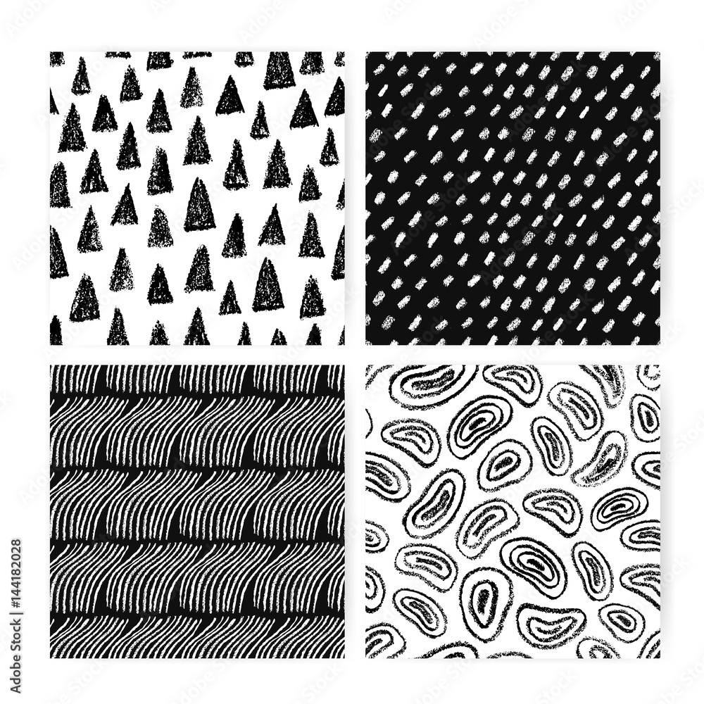 Aufkleber hand drawn doodle abstract seamless pattern set. collection of black and white backgrounds with diff