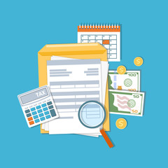 Payment of tax and accounts concept. Financial calendar, money, cash, gold coins, calculator, magnifying glass invoices, bills. Payday icon. Vector illustration