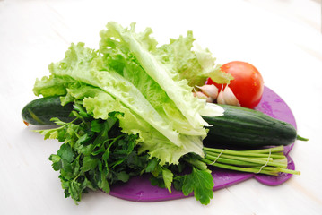 Vegetable salad cucumber garlic on a cutting board