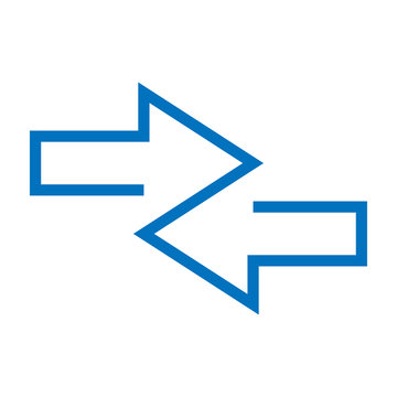 Icono plano flechas dos direcciones azul en fondo blanco
