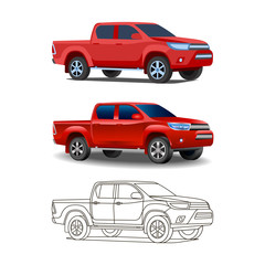 Off-road pickup truck car . Image of a red pickup truck in a realistic style. Vector illustration © galimovma79