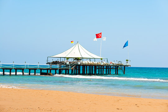 Empty Beach Of Antalya. Turkey. Pier