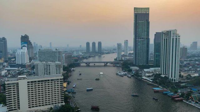 Bangkok city skyline day to night timelapse at Chao Phraya River, Bangkok, Thailand, 4K Time lapse
