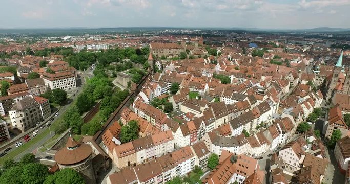 Nuremberg from high above. A very high view over the city of Nürnberg in Germany showing the old city, the castle and the old city walls.