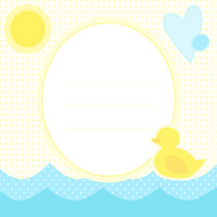 Cute greeting card with duckling on a water, sun and heart. Place for your text. In cartoon and patchwork style. Nice for baby shower and birthday. Yellow, blue and orange colors.