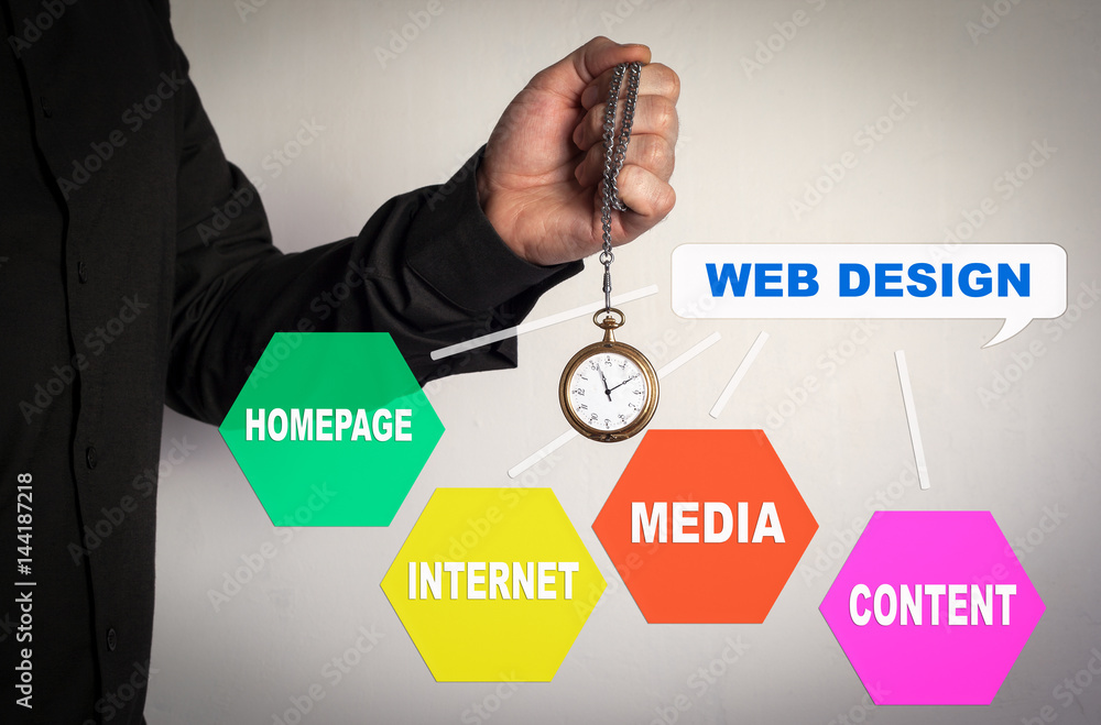 Sticker web design, business concept. red arrow and icons around. man holding chain clock on white backgroun