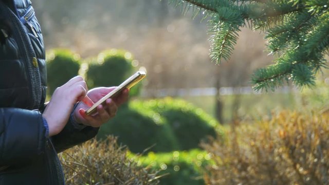 Woman hands use smartphone and browse face book social network site, typing message