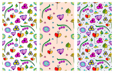 Set of seamless vector childlike floral patterns. Cute hand drawn endless backgrounds with childish flowers and leaves. Series of Doodle, Cartoon and Sketch vector seamless patterns.