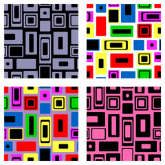 Set of seamless vector geometrical patterns. Endless colorful and black, white backgrounds with squares and rectangles. Graphic illustration. Template for cover, fabric, wrapping, print.