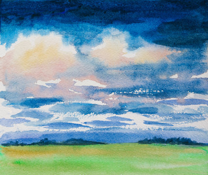 watercolor illustration of landscape with dramatic clouds and green grass field meadow