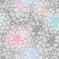 Monochrome seamless hand-drawing floral background with flower dahlias