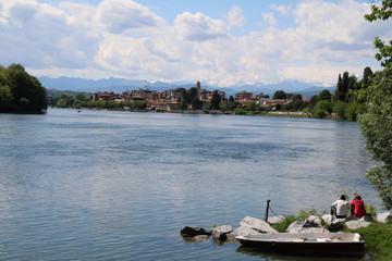 Sesto Calende and Alps panoramic view from the River Ticino, Italy