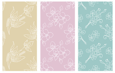 Vector set of floral illustration. Pastel seamless patterns with bouquet with flowers, leaves, decorative elements. Hand drawn contour lines and strokes. Doodle style, graphic illustration