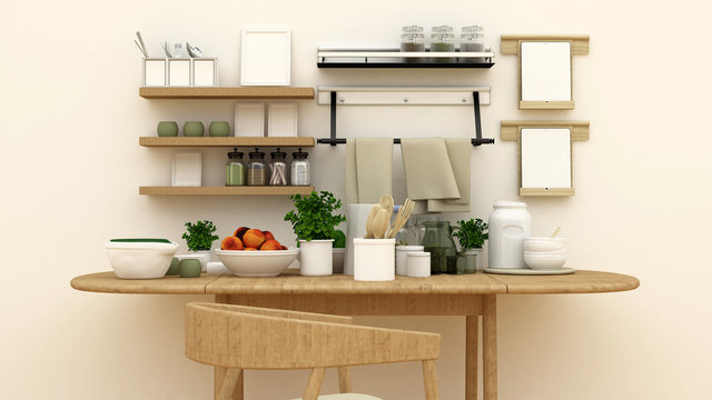kitchen set in pantry for artwork - 3d rendering