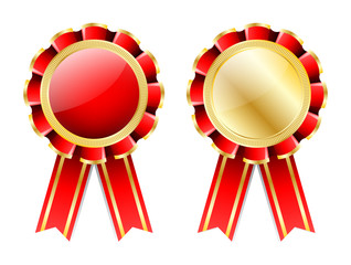 Red rosette, badge with gold border, ribbon and golden laurel wreath on white background