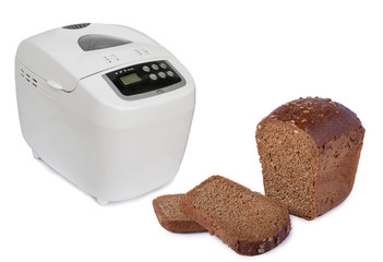 Electric bread maker and sliced rye bread with seeds  isolated on white background