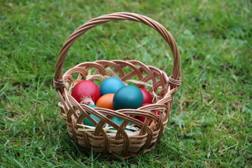 Fototapeta na wymiar Easter Eggs in a basket on a green lawn