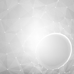 Abstract vector mesh background. Chaotically connected points and polygons flying in space. Flying debris. Futuristic technology style card. Lines, points, circles and planes. Futuristic design.