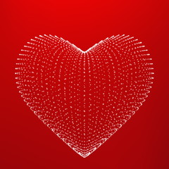 Abstract vector mesh heart background. Chaotically connected points and polygons flying in space. Flying debris. Futuristic technology style card. Lines, points, circles and planes. Futuristic design.