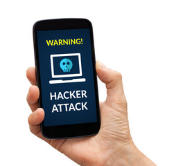 Hand holding a black smart phone with hacker attack concept on screen. Isolated on white background. All screen content is designed by me.