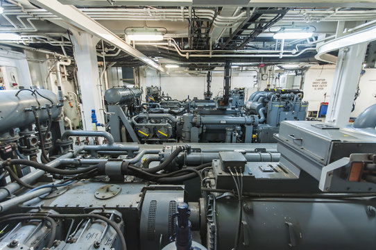 Heavy machinery on board industrial ship