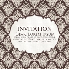 Wedding invitation and announcement card with vintage background artwork. Elegant ornate damask background. Elegant floral abstract ornament. Design template.
