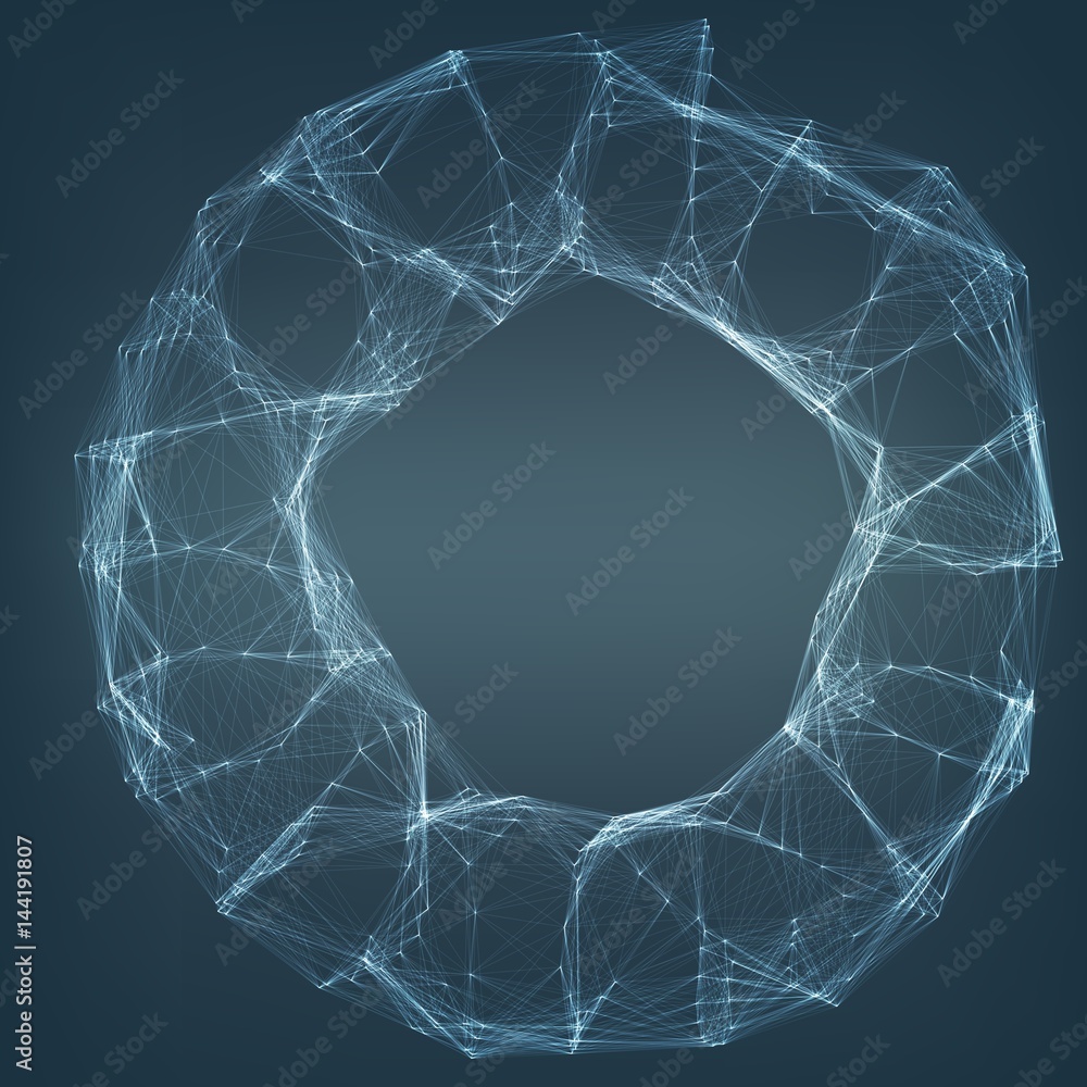 Poster abstract vector mesh background. chaotically connected points and polygons flying in space. flying d