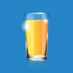 Glass of fresh orange juice realistic vector illustration isolated on blue background