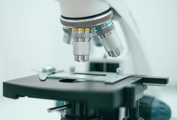 Close-up view of microscope in the laboratory.