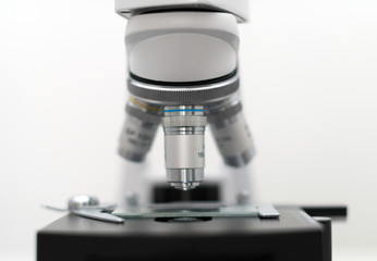 Close-up view of microscope in the laboratory.