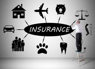 Insurance concept drawn by a man on a ladder
