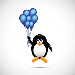 pinguin hebt mit blauen luftballons ab