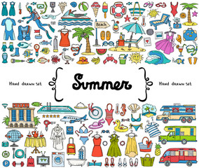 Vector set with hand drawn colored doodles on the  theme of summer, travel, tourism. Flat illustrations on white background