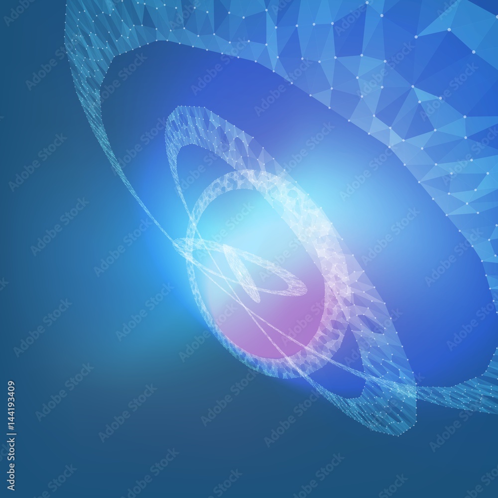 Poster abstract vector mesh background. chaotically connected points and polygons flying in space. flying d