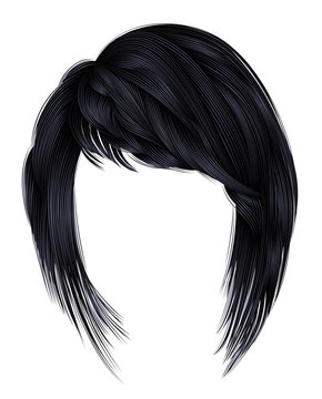 trendy  woman brunette black  dark colors . hairs kare with fringe  .     beauty style .