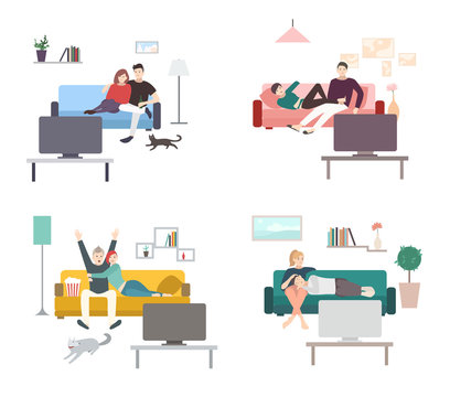 Set of a couple watches TV. Flat colorful illustration. People, men and women in living room, leisure.