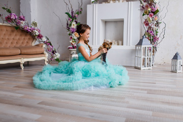 portrait of a beautiful young girl with blue eyes, with make up and hairstyle in a  lush turquoise dress with yorkshire terrier