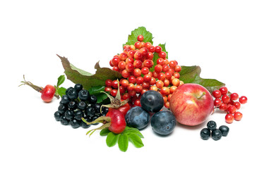 Ripe berries and fruits on a white background